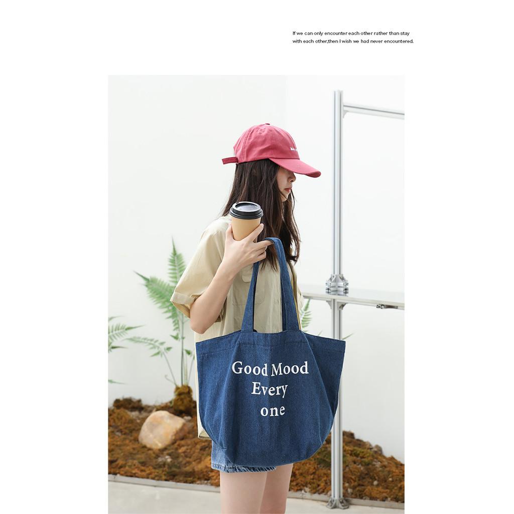 IELGY Japanese Retro Denim Handbag, Casual Printed Letter Shoulder Women's Bag
