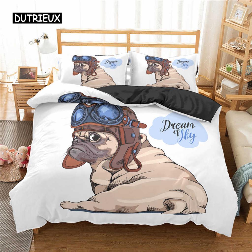 Pug Duvet Cover Set Pet Dog with Flower Bedding Set Animal Theme for Kids Teens Boy Cute Pug Dog King Size Polyester Quilt Cover