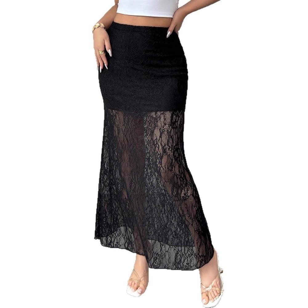 Transparent Lace Skirt Midi Length See-Through Skirt Breathable High Waist Half Dress Daily Wear