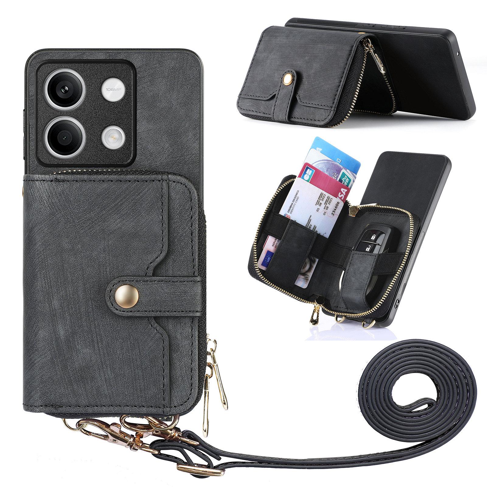 

D3 For Xiaomi Redmi Note 13 4G Case Zipper Wallet Leather+TPU+PC Phone Cover with Crossbody Strap Black