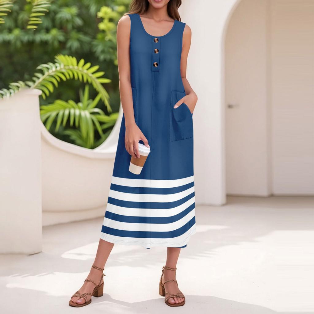 Women's Summer Casual Fashion Stripe Printed Sleeveless Button Casual Maxi Dress