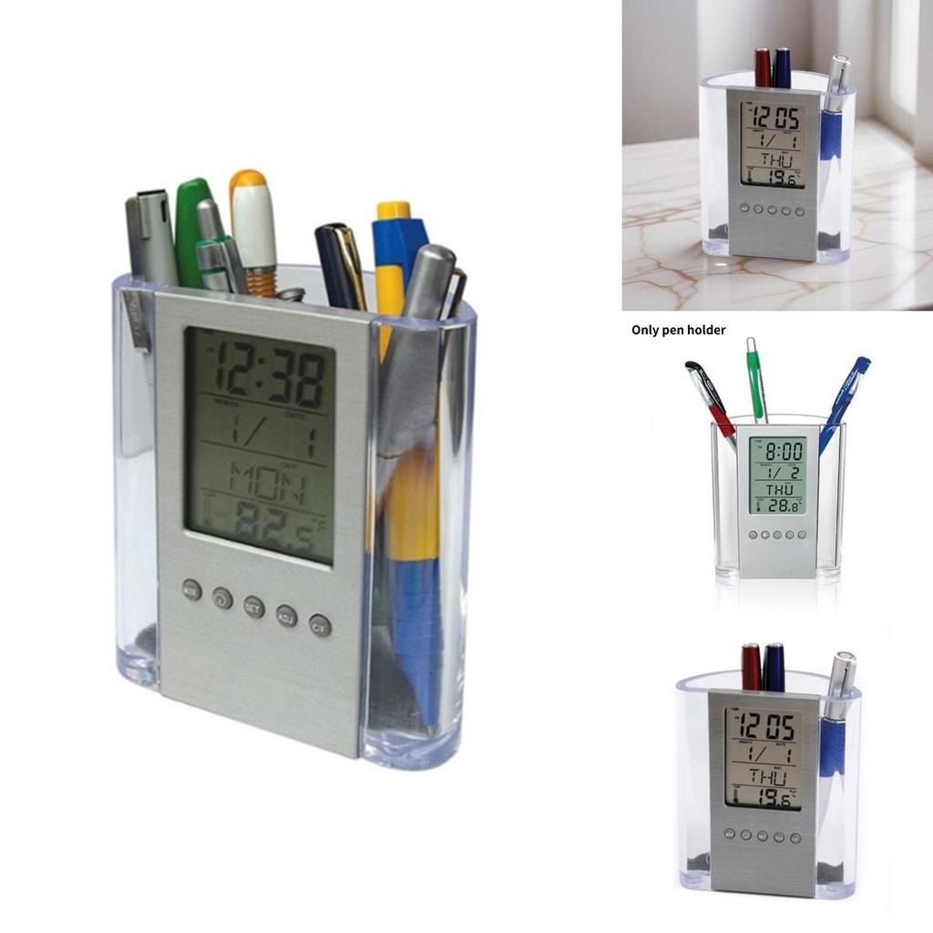 Creative Acrylic Office Pen Cup With Digital Date Clock And Multifunction Storage For Professionals