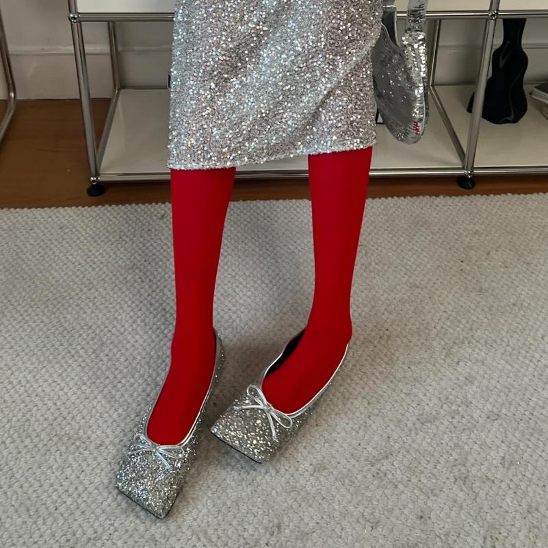 Fashion Super Shiny Square Toe Mary Jane Women'S Shoes 2025 Bow Silver Single Shoes Women'S Flat Versatile Single Shoes