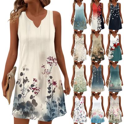 Women Summer Dresses V-Neck Print Sleeveless Sundress Casual Dress