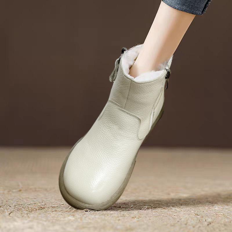 

Wool snow boots women s winter first layer cowhide soft-soled retro short boots non-slip thickened velvet round head warm cotton boots 35