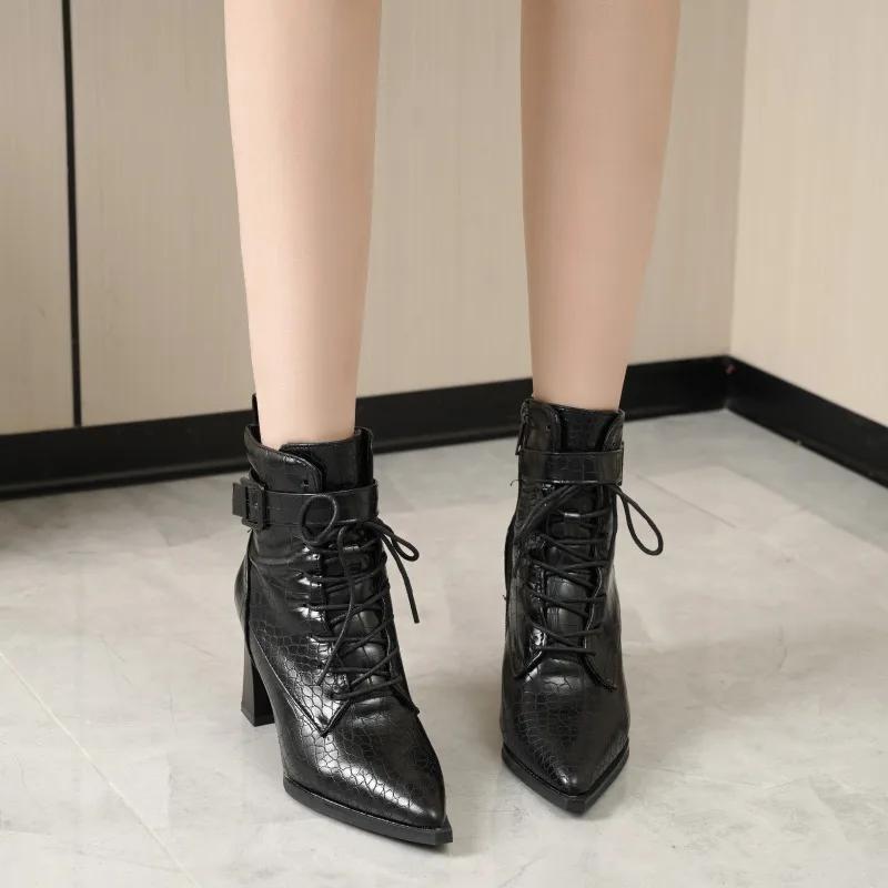 Shoes Female 2024 Fashion Hot  Ankle Women's Boots Modern Boots Women Sewing Buckle Pointed Toe High Heels Side Zip Ladies Shoes