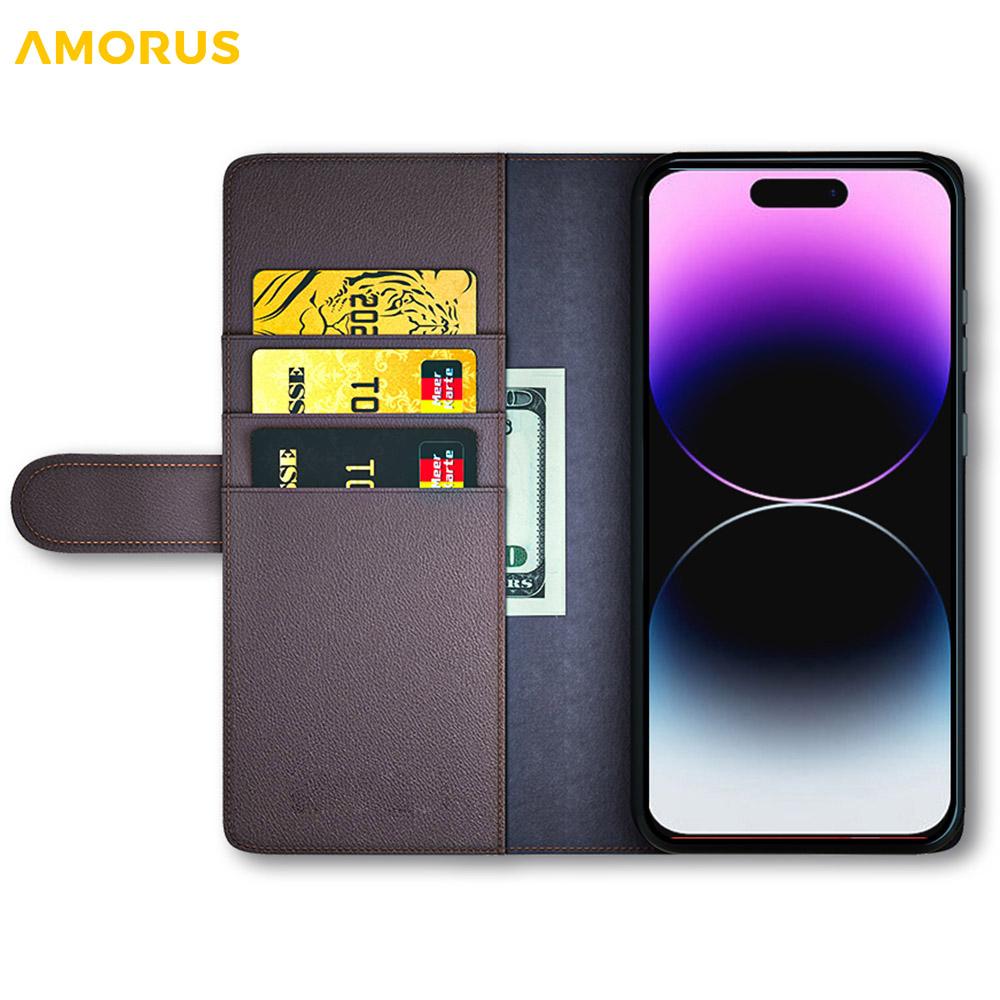 For iPhone 15 Pro Max Stand Cases Calf Texture Genuine Split Leather Wallet Phone Cover