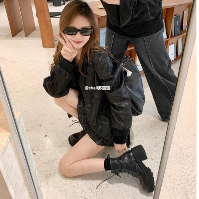 Spot second hair! Fashion versatile new washed horse leather British style lace-up thick heel heightening short boots Martin boots autumn