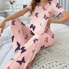 Pink Butterfly Women Pajamas Sets Autumn Winter Short Sleeves Long Pants Sleepwear Casual Pijamas Cozy Pyjamas Cute Pjs Sweet
