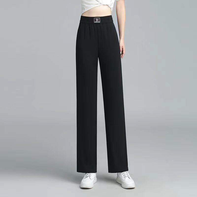 Women's Elastic Waist Straight Leg Pants Slim Wide Leg Trousers Summer Thin Ice Silk Mild Stretch Elegant Commuter Drape Casual Long Pants