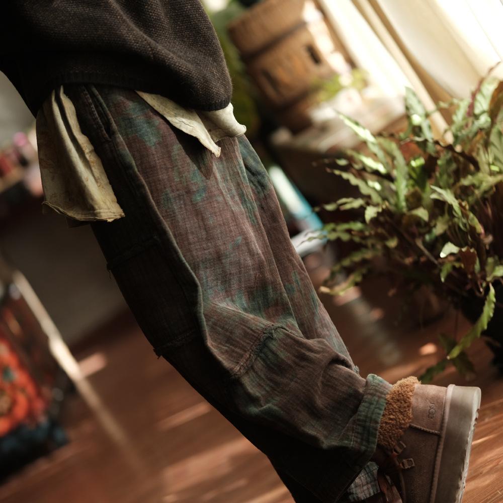 Johnature Vintage Damskie Spodnie z Szerokimi Nogawkami Elastyczny Pas Luźne Spodnie Patchworkowe Jesienny Nadruk Kwiatowy Długie Spodnie