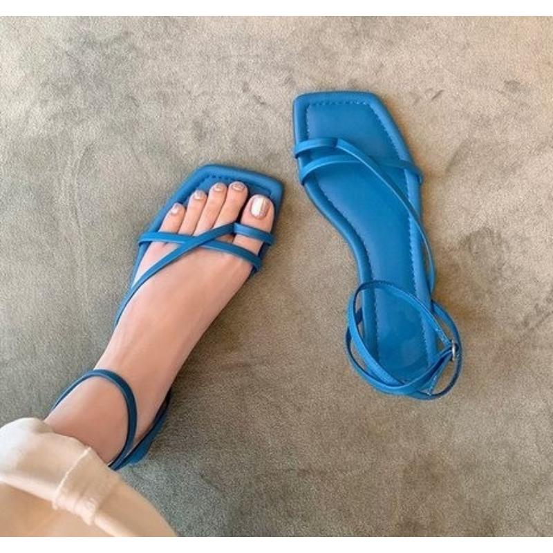 

Fashion 2025 Summer New Women Sandal Fashion Open Toe Narrow Band Ladies Elegant Gladiator Shoes Outdoor Dress Flats Sandalias 40 синий