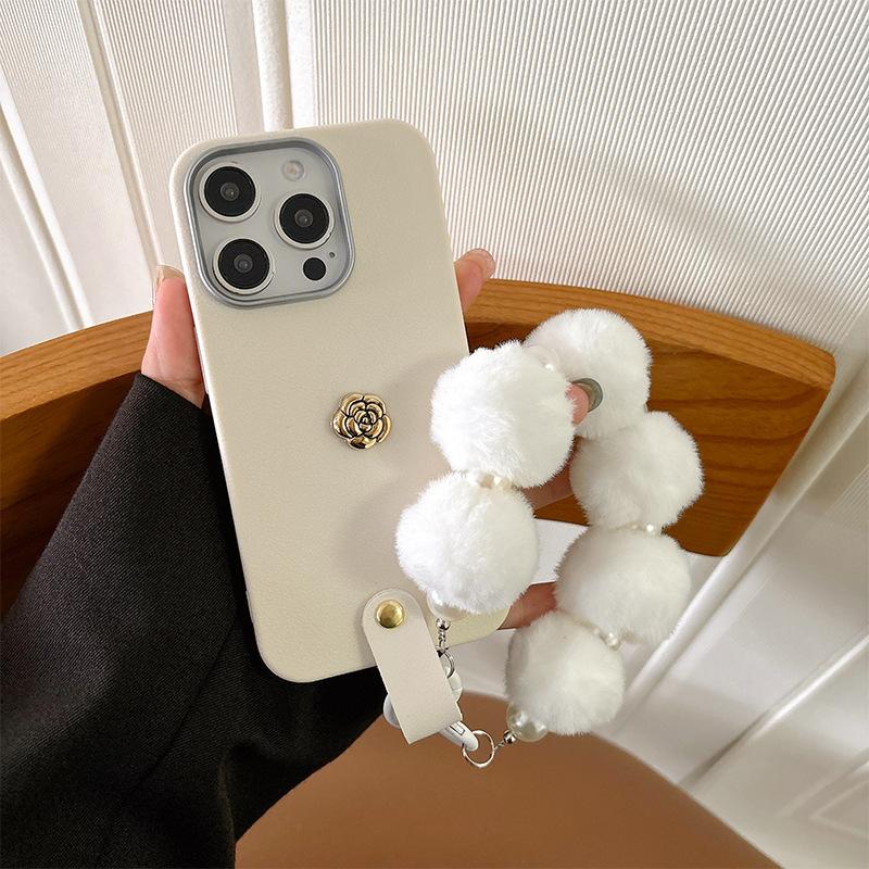 For IPhone17promax Phone Case Plush Hand Cord Camellia for Apple 16plus Silicone Protective Case