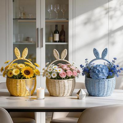 Flower Arrangement Basket, with Built-in Waterproof Lining Design, Weaving Cute Bunny Ear Handle Floral Basket for Wedding Camping