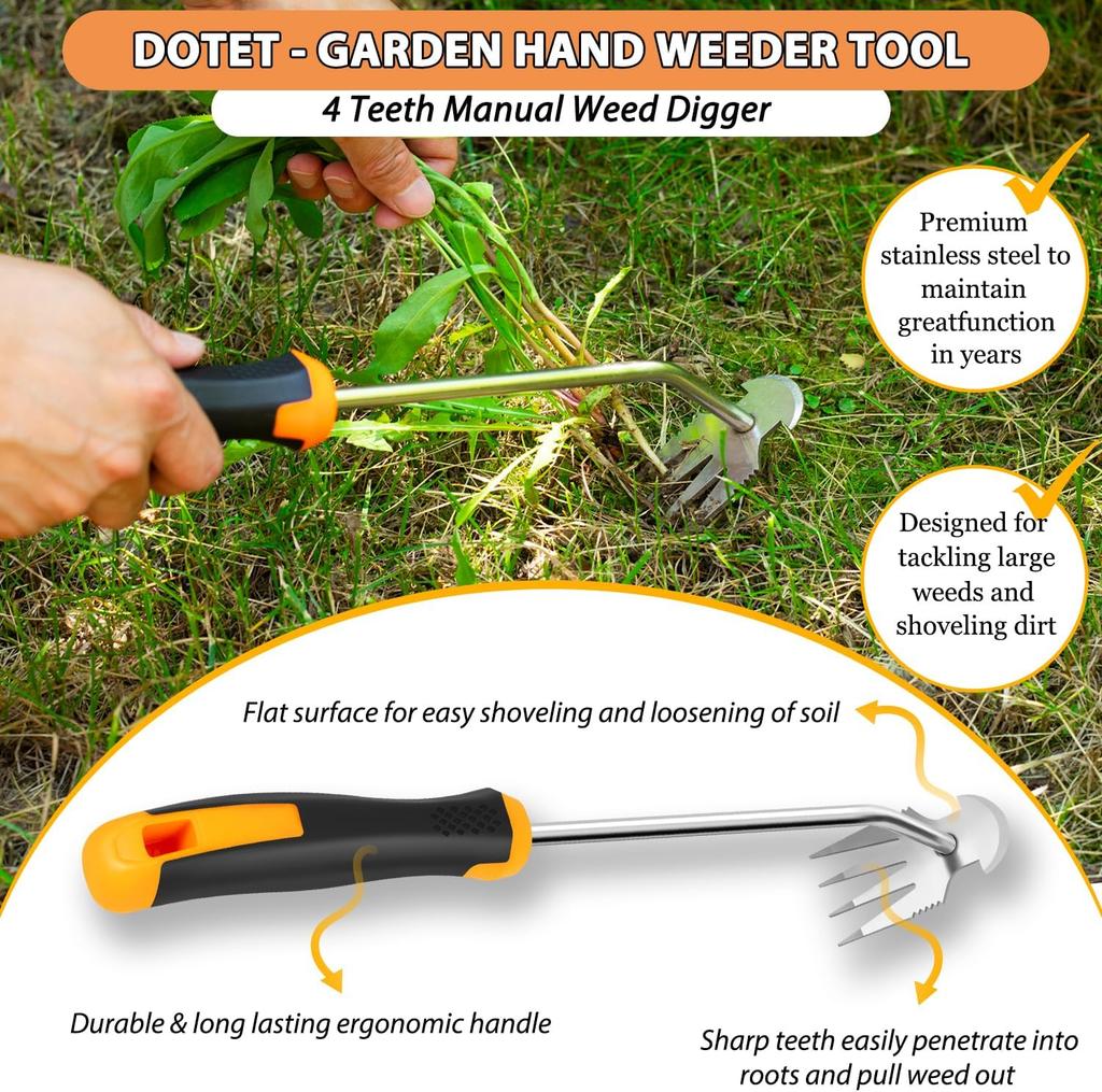 Uprooting Weeding Tool - Hand Held Weeder Puller Tool, Rubber Handle, 4 Teeth Weed Remover for Garden Farm Weeding