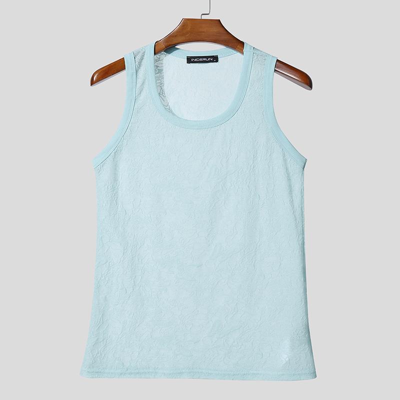 

INCERUN Summer Men Sleeveless Lace Mesh Sheer Casual Fitted Tank Tops Vest 3XL синій