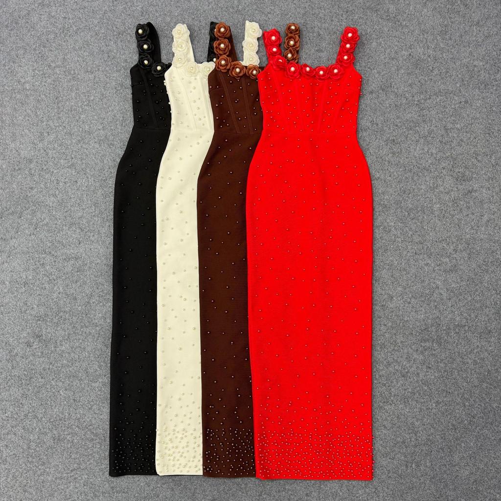 Elegante Vestido de Noite Bandage Quadrado com Alças Finas e Contas