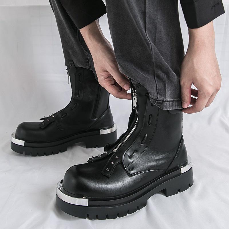 Herbstliche High-Top Lederstiefel - Dicksohlige Reißverschluss-Stiefeletten für Herren im britischen Stil, höhenerhöhende Freizeit- und formelle Kleidung.