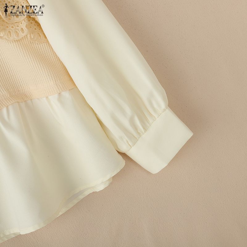 ZANZEA Women Casual Round Neck Long Sleeve Loose Patchwork Blouse