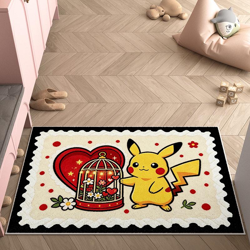 Doorway Floor Mat, Faux Cashmere, Pikachu 3D Print, Soft Water Absorbent, Lucky Clover Home Decor Rug