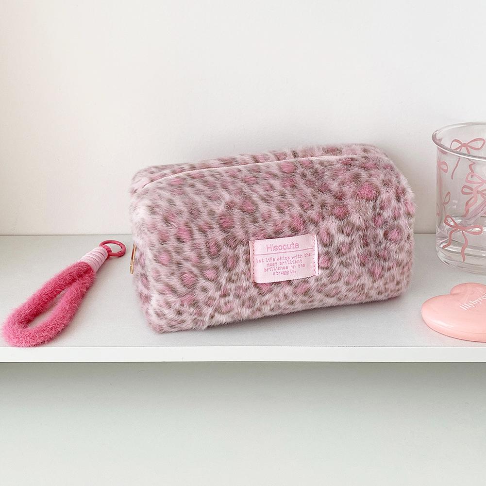 Leopard Print Plush Makeup Bags with Handle Portable Travel Cosmetic Storage Bag Toilet Bag Cute Pencil Case Fashion Handbag