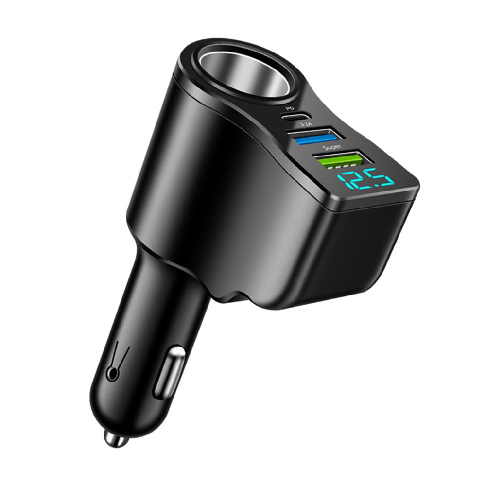 

Адаптер питания 4-в-1, автомобильное зарядное устройство, распределитель гнезд с 2 USB-портами, 12 В/24 В, быстрая зарядка USB Type-C PD с цифровым дисплеем чёрный