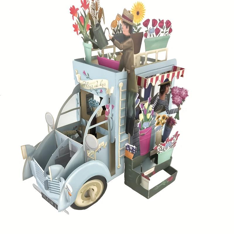 Charming 3D Pop-Up Birthday Card - Laser-Cut Paper Craft with Vintage Blue Car Design, Pink & Red Flowers, Ideal for Friends & Family