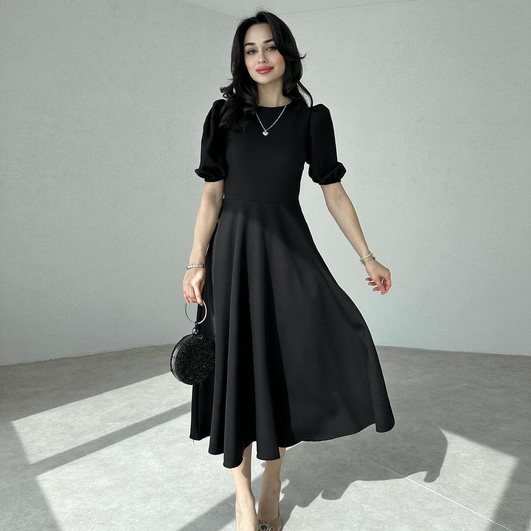 

2024 Elegant Summer Dress: Solid Color, Round Neck, Puff Sleeve, High Waist XS чёрный