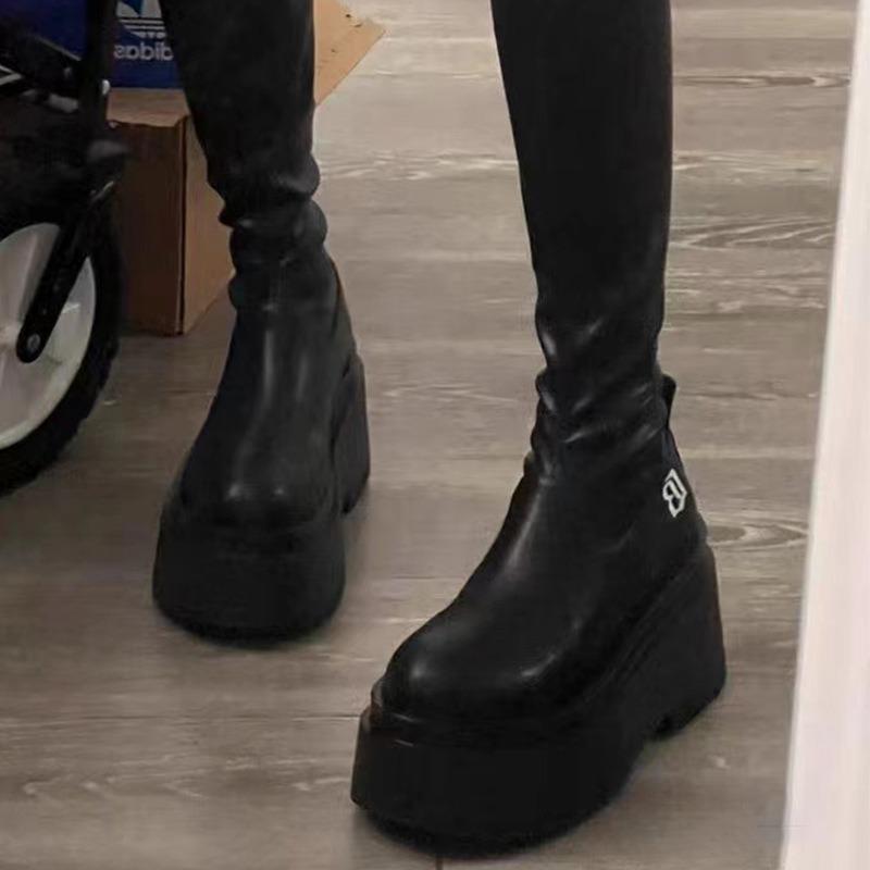 Fleece Spice Girl Elastic Skinny Tall Tube Thick Bottom Small Man Height Increasing Boots Skinny Martin Boots