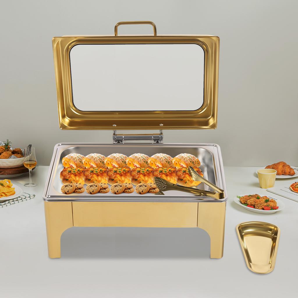 Gold 10L Single Compartment Buffet Chafing Dish, Commercial Food Warmer with 201 Stainless Steel Frame & Pans, Heated Server