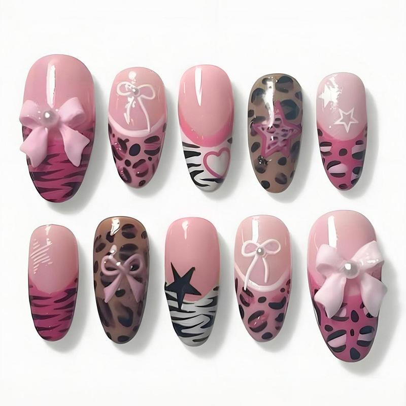 24PCS Fake Nails Sweet Cool Black Polka Dots French Spice Girl Y2k Nails Ins Pink Star Bow with Rhinestone Almond Press on Nails