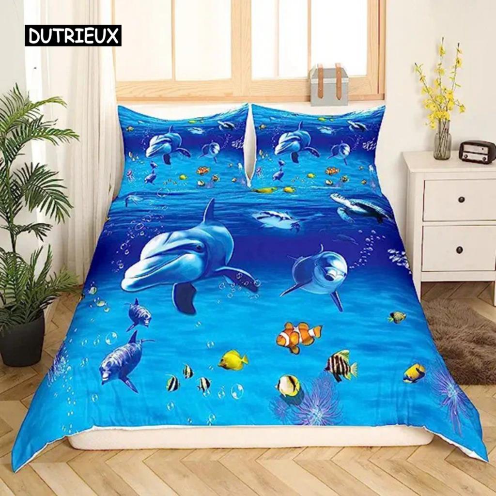 Delfin Seaworld Bettbezug Mikrofaser Meeresschildkröte Unterwasserwelt Grau Delfin Ozeanblau zur Dekoration Kind Jungen Mädchen Erwachsene
