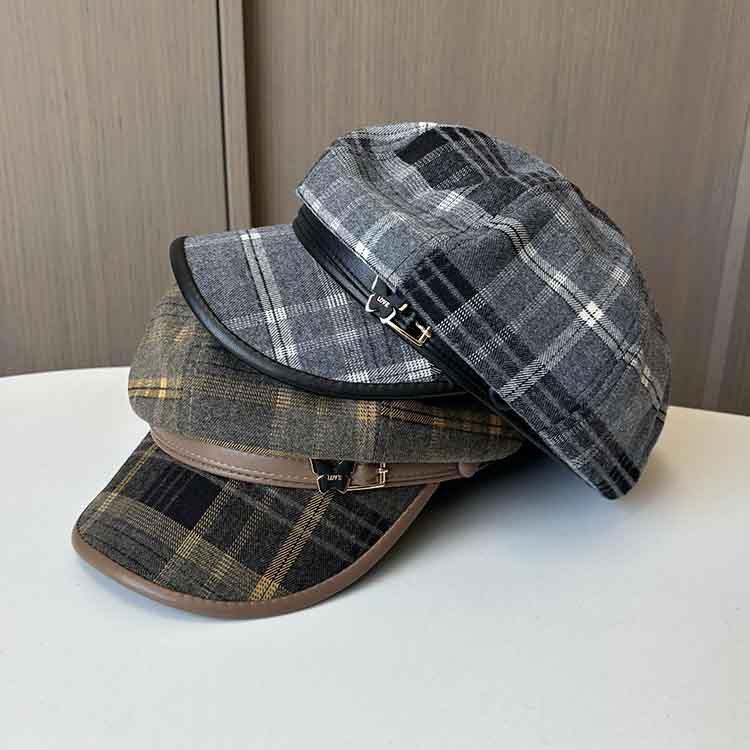 Temperament British Style Plaid Woolen Octagonal Hat Women'S Autumn And Winter Fashion Versatile Beret Retro Painter Newsboy Hat