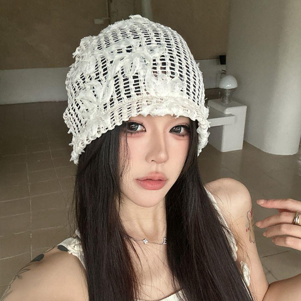 Cute Lace Beanies Hat Hollow Out Flower Knitted Hat Sweet Crochet Flower Hat  Apparel Accessories