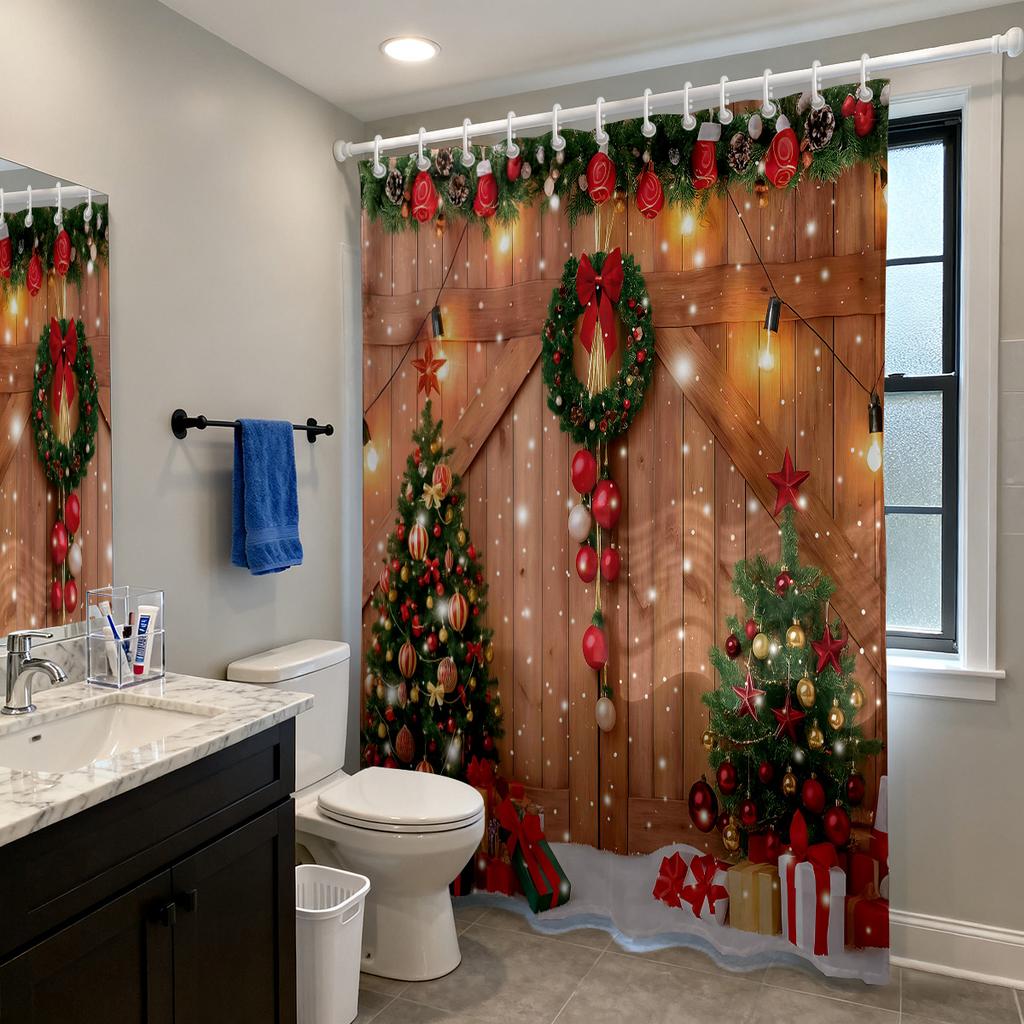 1 szt. Wodoodporna zasłona prysznicowa z nadrukiem wieńca choinkowego, przegroda, zasłona do zawieszenia zapewniająca prywatność, 12 haczyków, wiele rozmiarów