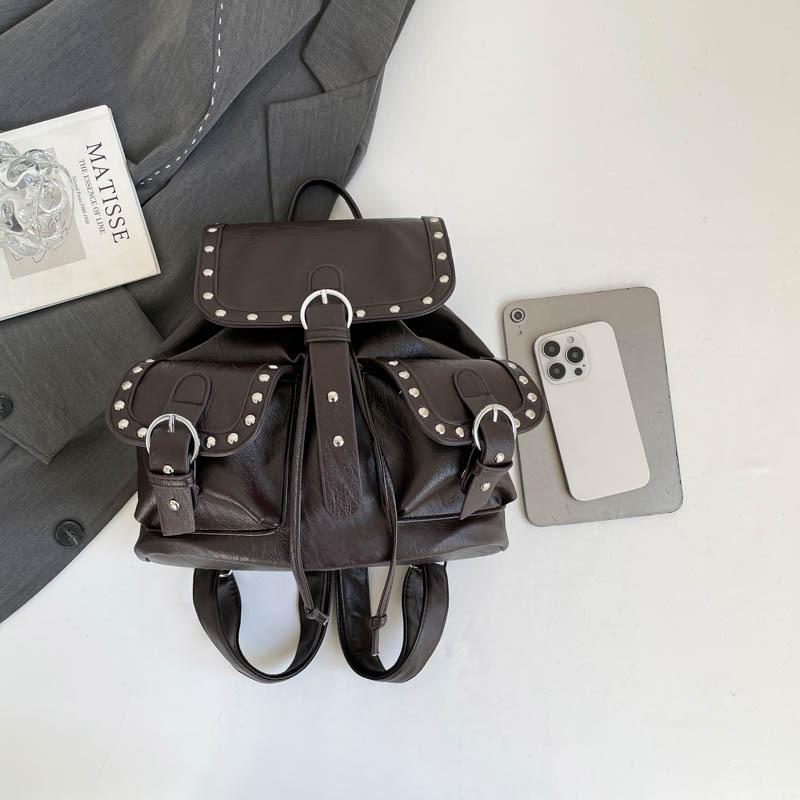 Studded Leather Backpack Women's Fashionable Vintage Style Bag with Adjustable Straps and Multiple Pockets