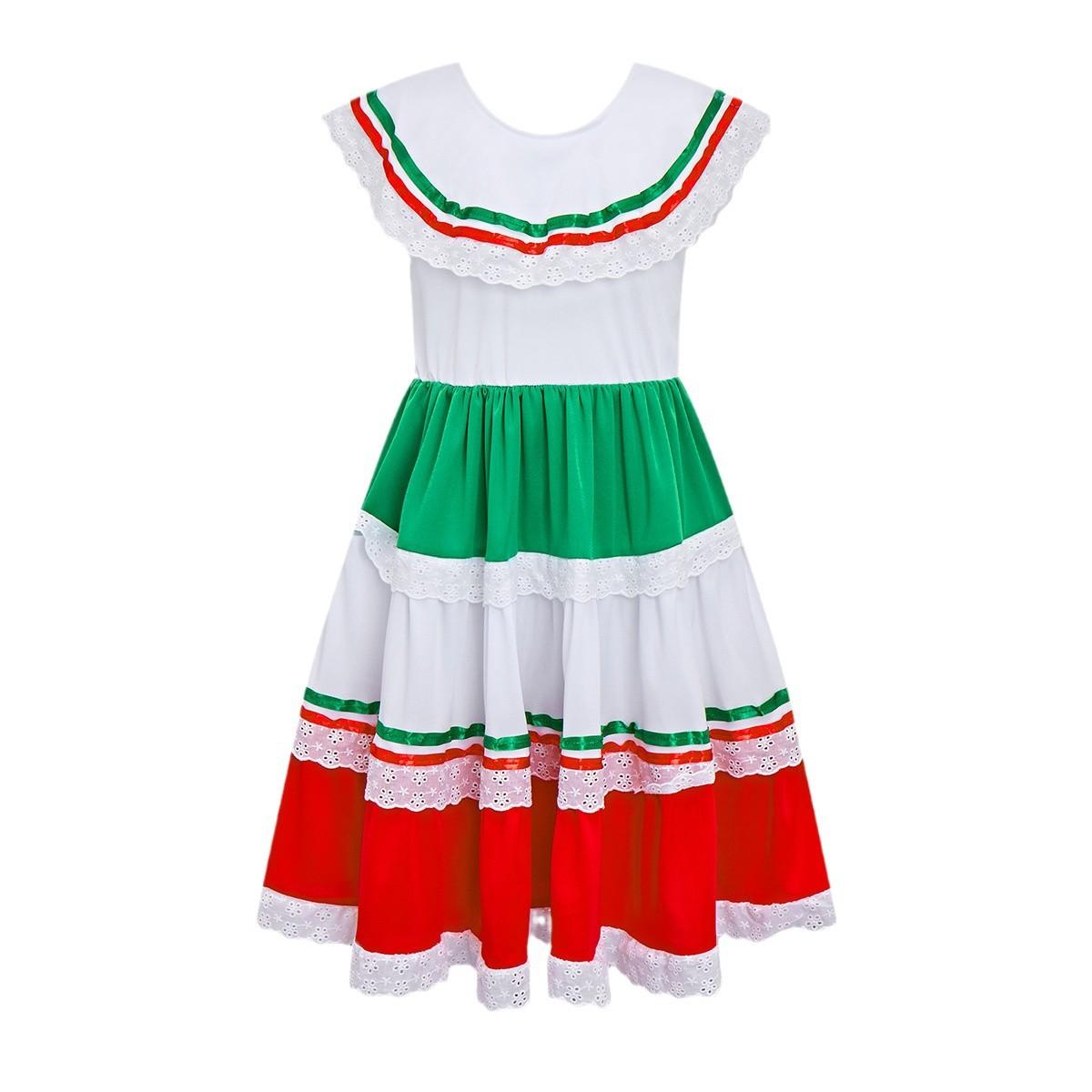 Girls Floral Mexican Dress Folk Festival Fiesta Costume Lace Embroidery Ethnic 110 белый