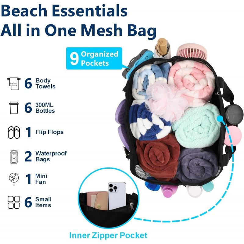 Oversized Mesh Beach Bag With 9 Pockets Quick Dry Sand Free Toy Organizer Tote Pool Cruise Travel Must Haves