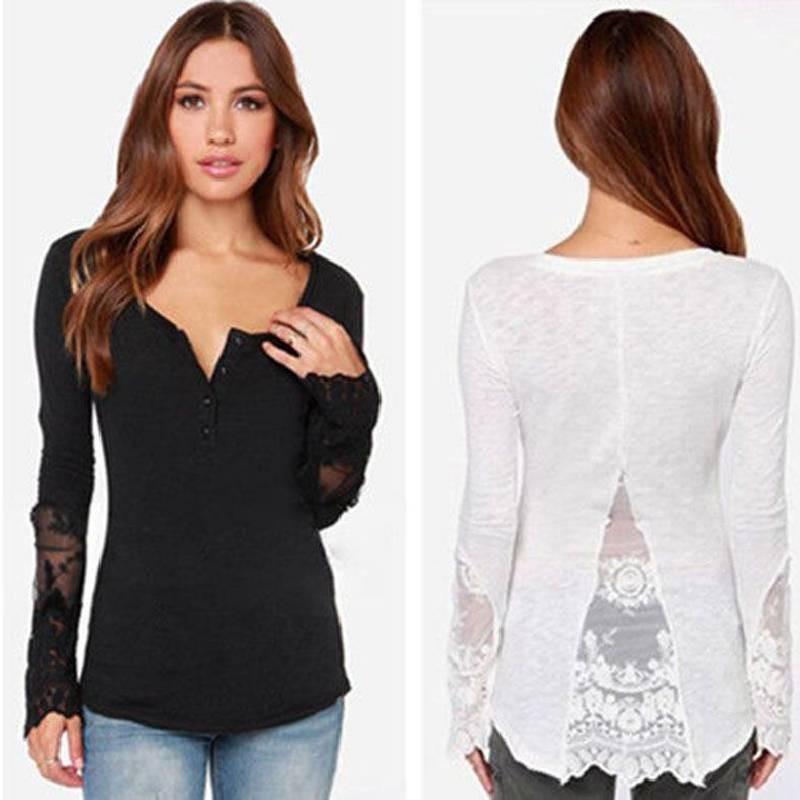 Elegant Lace Stitching Women's T-shirt Slim Fit Long Sleeve Cotton Top