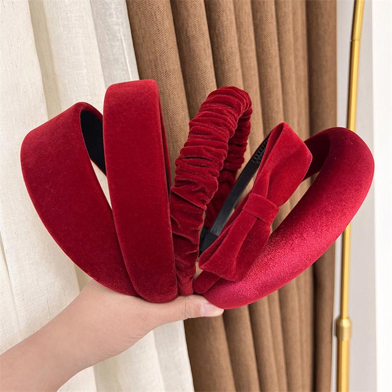 Vintage Red Womens Headband Woolen Velvet Hair Band Headwear Girl Wide Side Sponge Hair Hoop Christmas New Year Hair Accessories