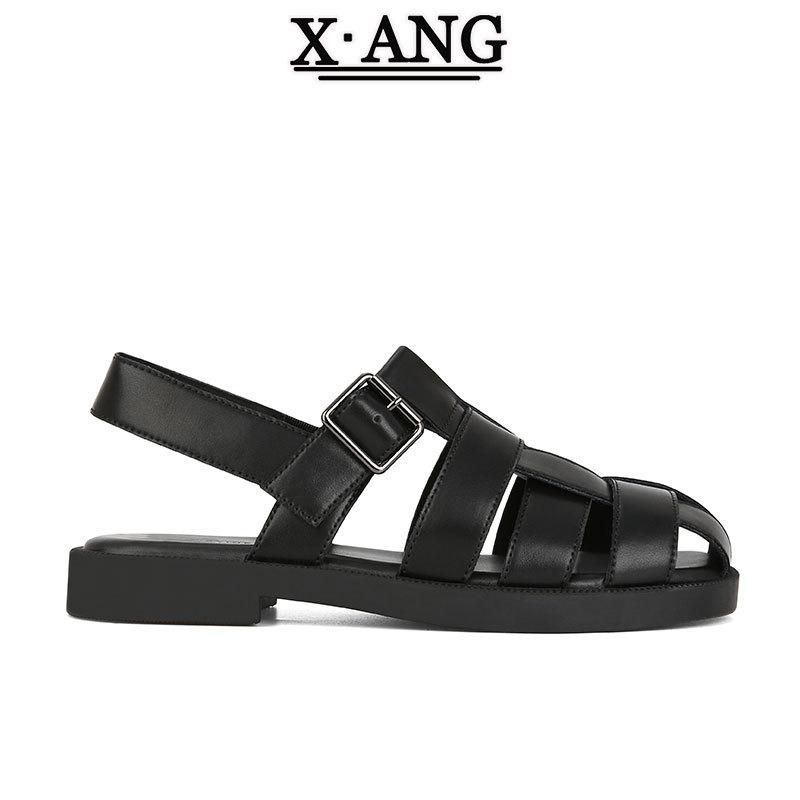 

Leather woven hollow Roman sandals women s pig cage shoes 2025 new flat-bottomed bag head half slippers summer sandals 35