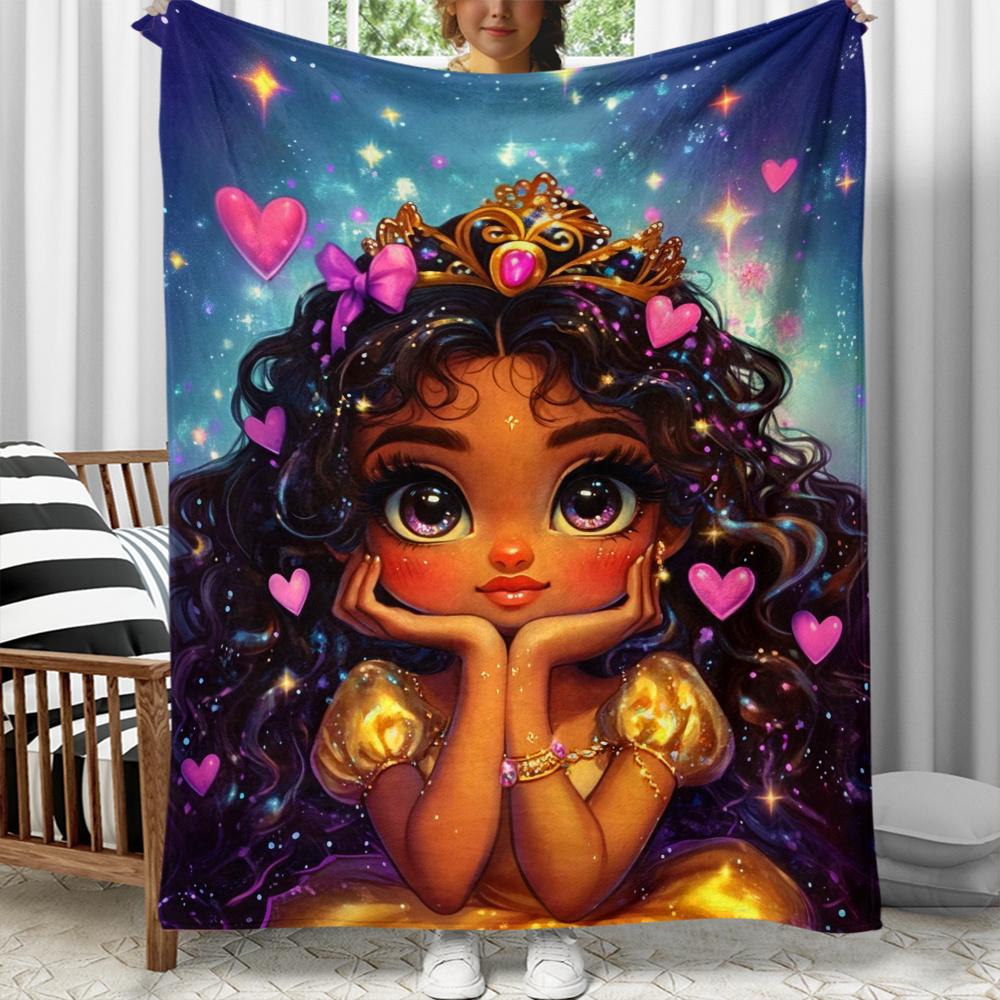 1pc Magical Princess Girl Flannel Blanket Galaxy Crown Hearts Print Soft Kids Bedding Fantasy Character Throw Cover 75X95CM