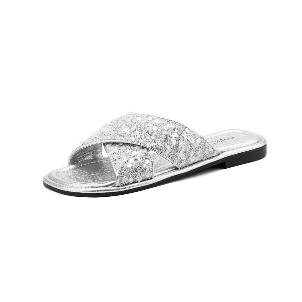 Fashion Silver Paillette Slippers Woman Cross Band Flats Sandals Ladies Summer Flipflops Bling Bling Slides Shoes Femme House Pantuflas