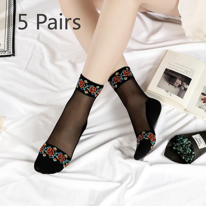 5 Pairs Women's Spring and Summer Thin Retro Anti Skid Crystal Cotton Bottom Medium Tube Ice Stockings