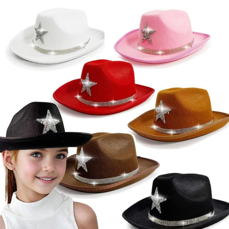 Kid'S Western Hat Festive Rhinestone Pentagram Cowboy Hat Children'S Cowboy Hat For Dress-Up Party Festival Western Themed