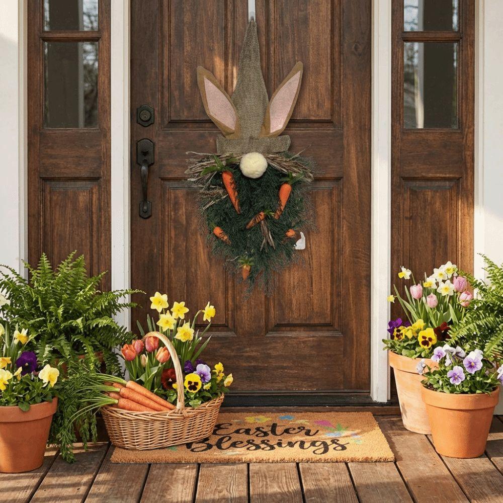Rustic Style Easter Bunny Wreath Plastic Artificial Garland Easter Gnome Pendant  Porch Wall Decor