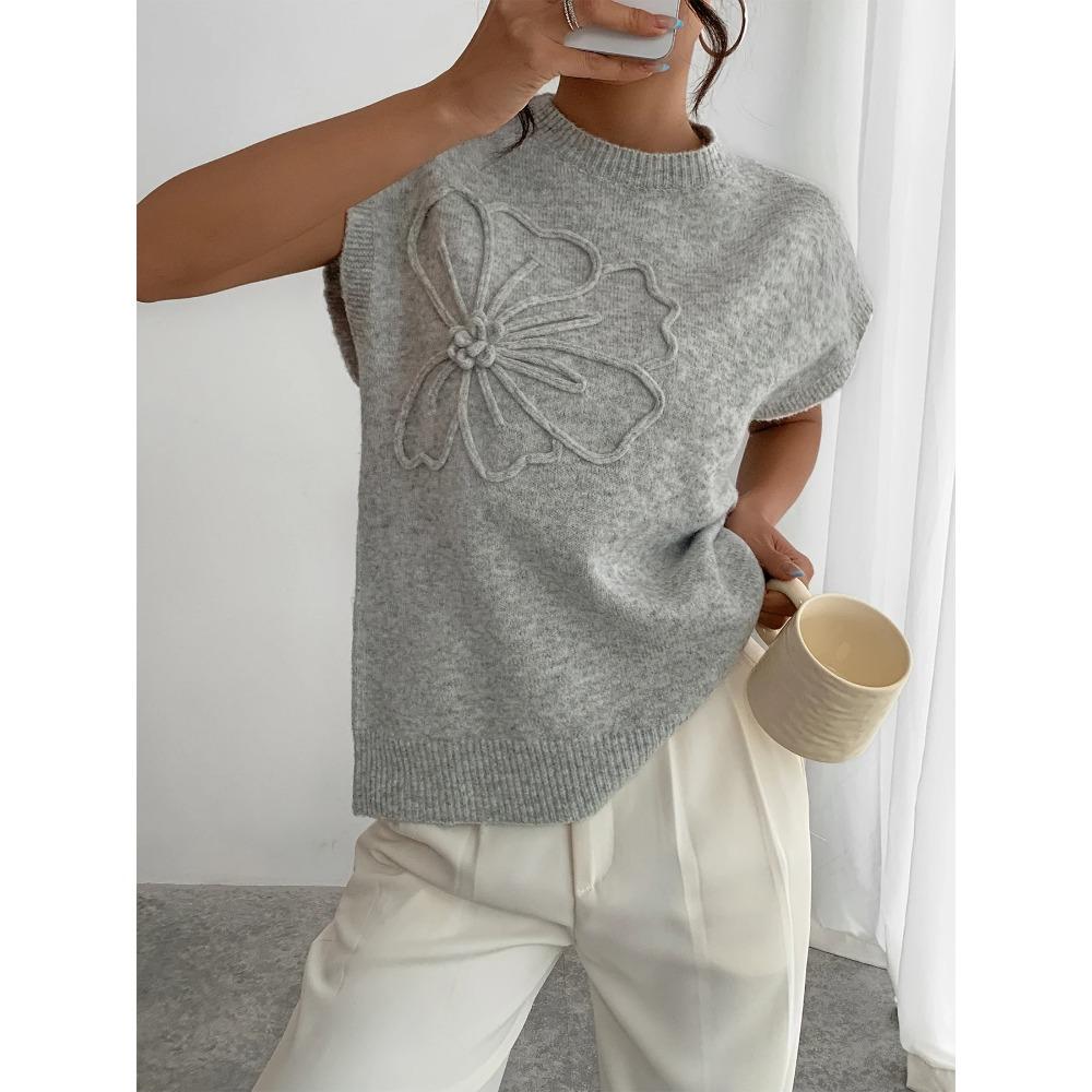 Gilet pull tricoté à col rond avec motif floral 3D élégant pour vêtements pour femmes