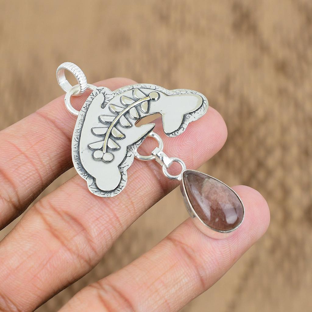 Anniversary Gift For Her Natural Cherry Quartz Gemstone Pendant Fish 925 Silver