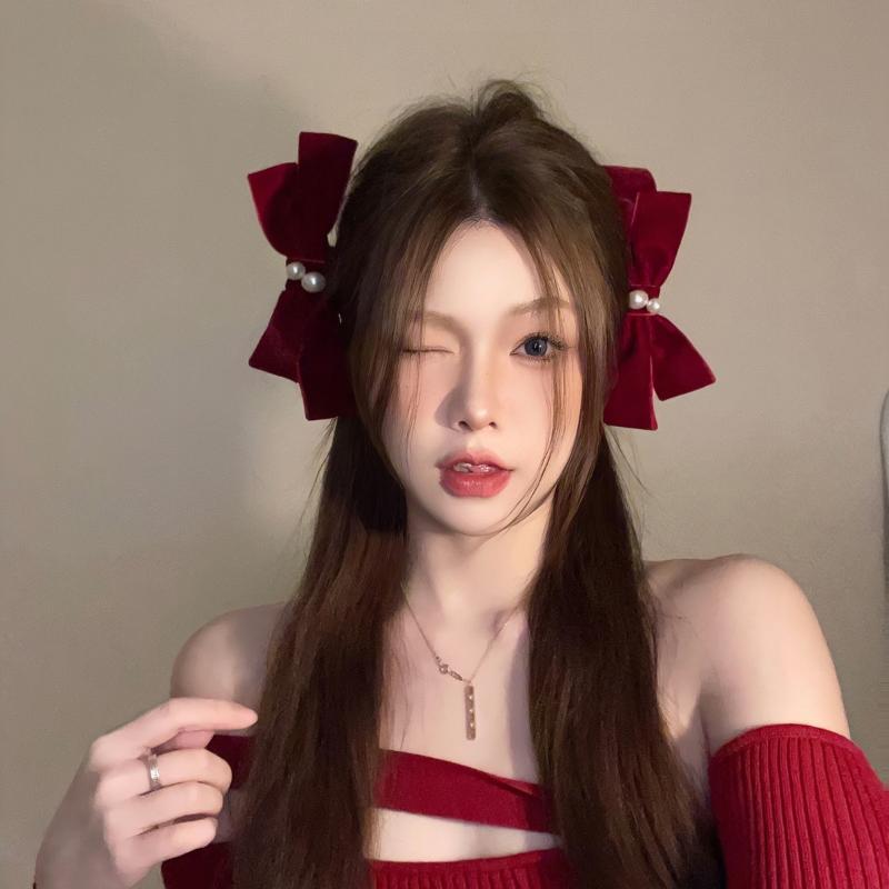 2Pcs Graceful Retro Black/Red Velvet Bow Clip Elegant Two-Piece School Party Duckbill Clip For All Seasons Hair Accessories