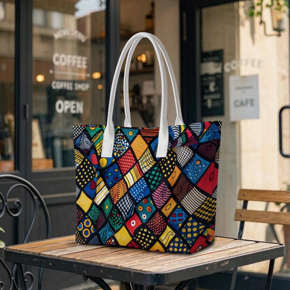 Trendy Geometric Pattern Tote Bag Casual Portable Large Capacity Daily Use Shopping Shoulder Handbag for Women